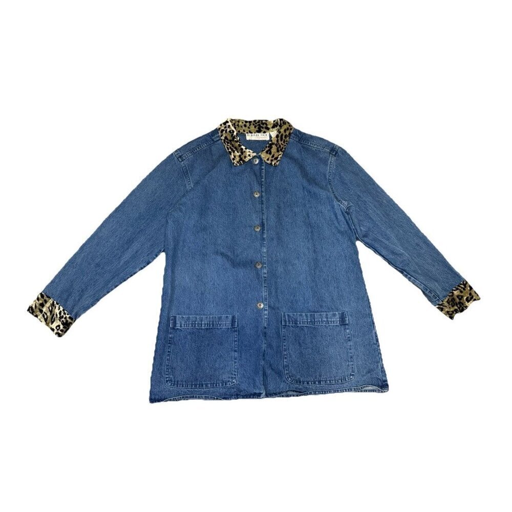 Womens Denim Jacket Animal Print Trim Chore Coat Pockets Western Outdoor MED